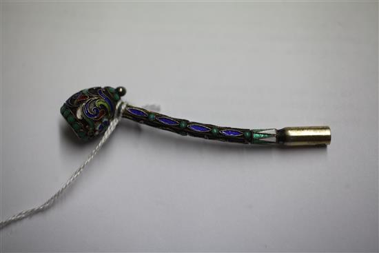 A late 19th/early 20th century Russian 84 zolotnik silver and cloisonne enamel miniature pipe,